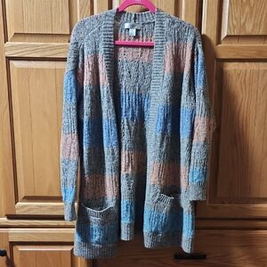 CJ Banks Blue and Tan Striped Oversized Long Cardigan